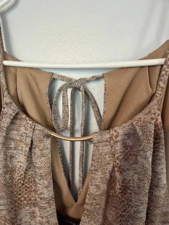 White House Black Market Taupe Brown/Copper Printed Tie-Waist Mini Dress - Picture 4 of 5